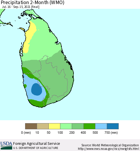 Sri Lanka Precipitation 2-Month (WMO) Thematic Map For 7/16/2021 - 9/15/2021