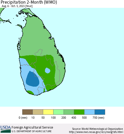 Sri Lanka Precipitation 2-Month (WMO) Thematic Map For 8/6/2021 - 10/5/2021