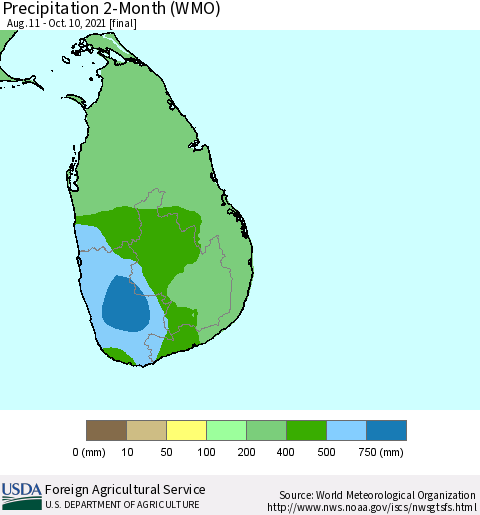Sri Lanka Precipitation 2-Month (WMO) Thematic Map For 8/11/2021 - 10/10/2021