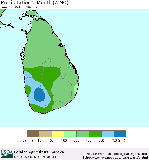 Sri Lanka Precipitation 2-Month (WMO) Thematic Map For 8/16/2021 - 10/15/2021