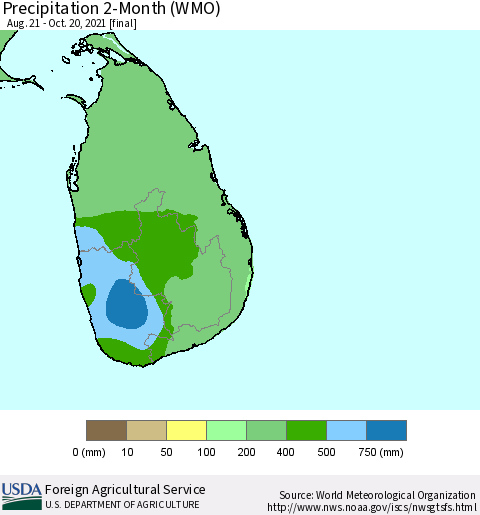 Sri Lanka Precipitation 2-Month (WMO) Thematic Map For 8/21/2021 - 10/20/2021