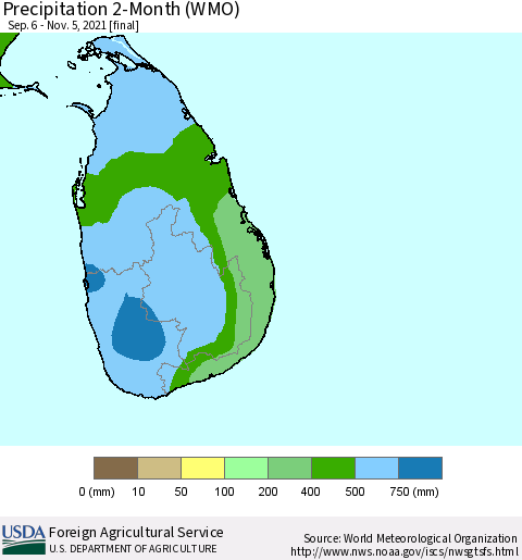 Sri Lanka Precipitation 2-Month (WMO) Thematic Map For 9/6/2021 - 11/5/2021