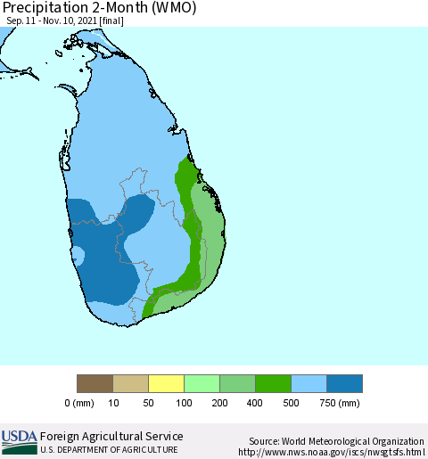 Sri Lanka Precipitation 2-Month (WMO) Thematic Map For 9/11/2021 - 11/10/2021