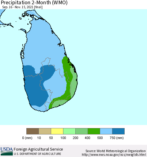 Sri Lanka Precipitation 2-Month (WMO) Thematic Map For 9/16/2021 - 11/15/2021