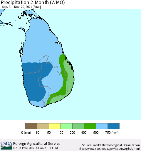 Sri Lanka Precipitation 2-Month (WMO) Thematic Map For 9/21/2021 - 11/20/2021