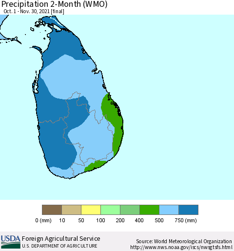 Sri Lanka Precipitation 2-Month (WMO) Thematic Map For 10/1/2021 - 11/30/2021