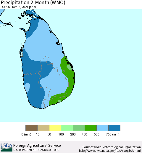 Sri Lanka Precipitation 2-Month (WMO) Thematic Map For 10/6/2021 - 12/5/2021