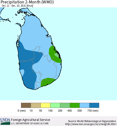 Sri Lanka Precipitation 2-Month (WMO) Thematic Map For 10/11/2021 - 12/10/2021
