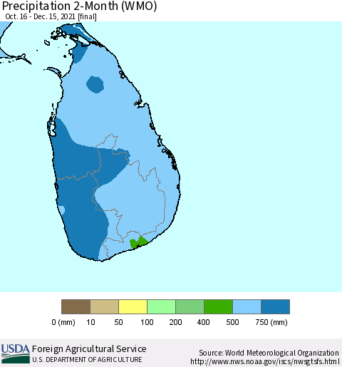 Sri Lanka Precipitation 2-Month (WMO) Thematic Map For 10/16/2021 - 12/15/2021