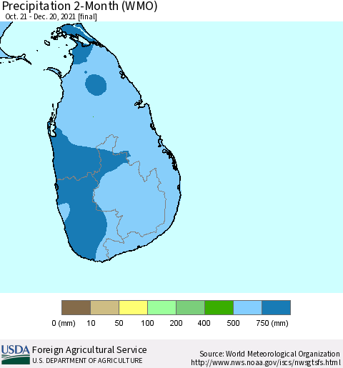 Sri Lanka Precipitation 2-Month (WMO) Thematic Map For 10/21/2021 - 12/20/2021