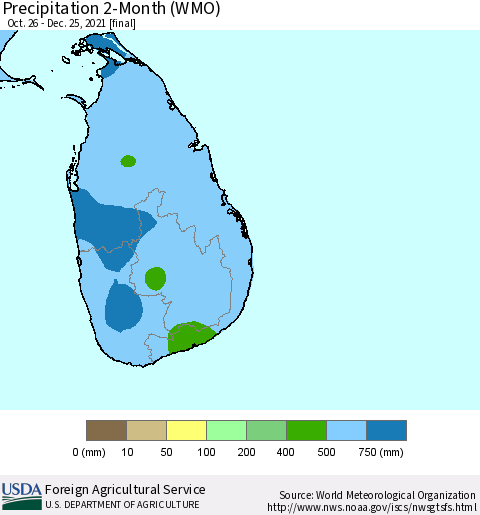Sri Lanka Precipitation 2-Month (WMO) Thematic Map For 10/26/2021 - 12/25/2021