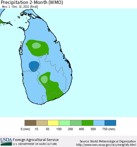 Sri Lanka Precipitation 2-Month (WMO) Thematic Map For 11/1/2021 - 12/31/2021