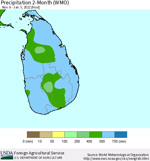 Sri Lanka Precipitation 2-Month (WMO) Thematic Map For 11/6/2021 - 1/5/2022