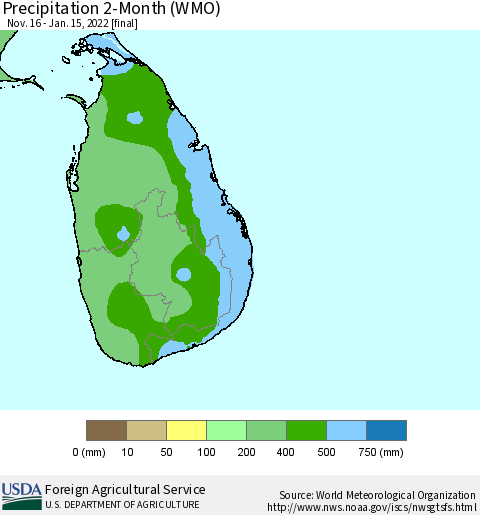 Sri Lanka Precipitation 2-Month (WMO) Thematic Map For 11/16/2021 - 1/15/2022