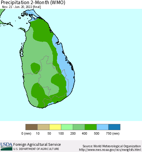 Sri Lanka Precipitation 2-Month (WMO) Thematic Map For 11/21/2021 - 1/20/2022