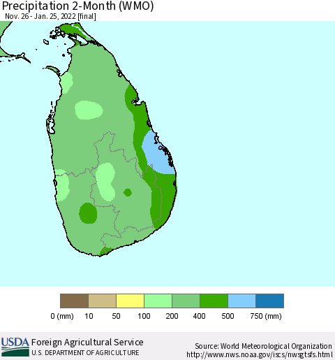 Sri Lanka Precipitation 2-Month (WMO) Thematic Map For 11/26/2021 - 1/25/2022