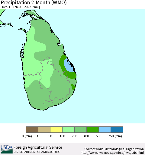 Sri Lanka Precipitation 2-Month (WMO) Thematic Map For 12/1/2021 - 1/31/2022