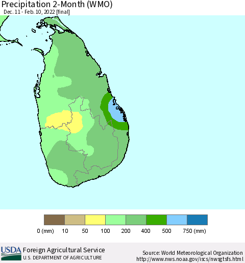 Sri Lanka Precipitation 2-Month (WMO) Thematic Map For 12/11/2021 - 2/10/2022