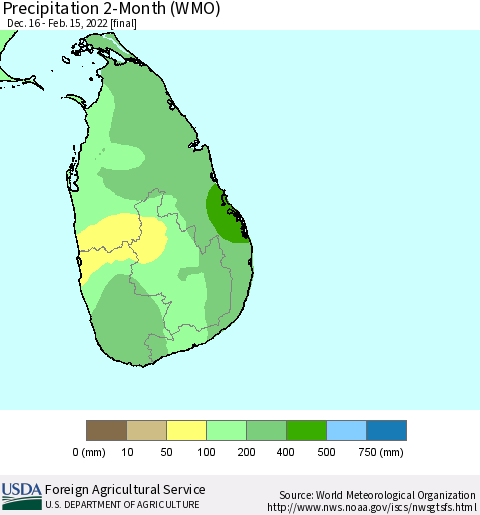 Sri Lanka Precipitation 2-Month (WMO) Thematic Map For 12/16/2021 - 2/15/2022