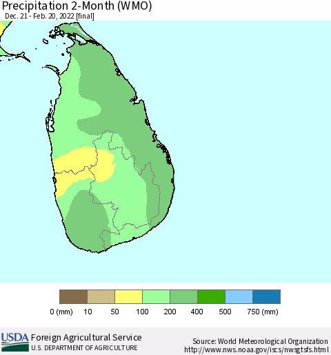 Sri Lanka Precipitation 2-Month (WMO) Thematic Map For 12/21/2021 - 2/20/2022