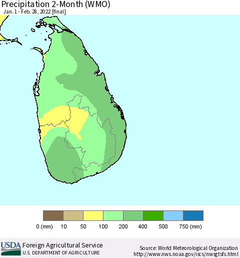 Sri Lanka Precipitation 2-Month (WMO) Thematic Map For 1/1/2022 - 2/28/2022