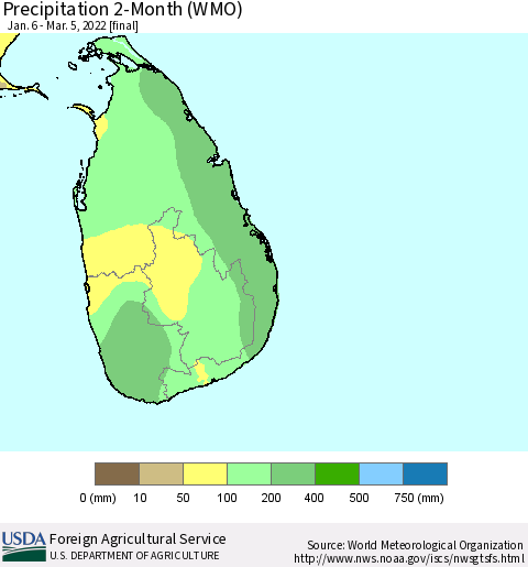 Sri Lanka Precipitation 2-Month (WMO) Thematic Map For 1/6/2022 - 3/5/2022