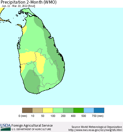 Sri Lanka Precipitation 2-Month (WMO) Thematic Map For 1/11/2022 - 3/10/2022