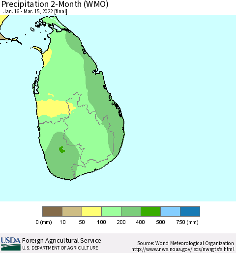 Sri Lanka Precipitation 2-Month (WMO) Thematic Map For 1/16/2022 - 3/15/2022