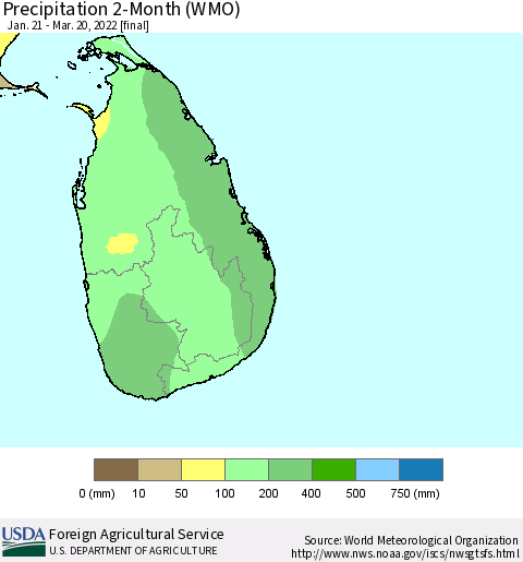 Sri Lanka Precipitation 2-Month (WMO) Thematic Map For 1/21/2022 - 3/20/2022