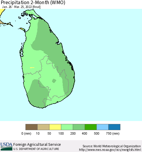 Sri Lanka Precipitation 2-Month (WMO) Thematic Map For 1/26/2022 - 3/25/2022