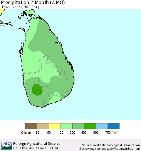 Sri Lanka Precipitation 2-Month (WMO) Thematic Map For 2/1/2022 - 3/31/2022