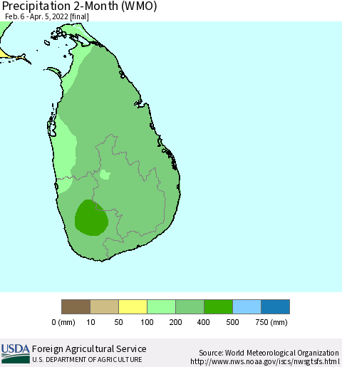 Sri Lanka Precipitation 2-Month (WMO) Thematic Map For 2/6/2022 - 4/5/2022