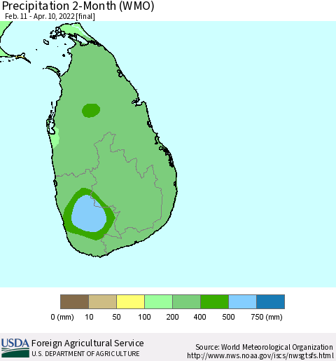 Sri Lanka Precipitation 2-Month (WMO) Thematic Map For 2/11/2022 - 4/10/2022