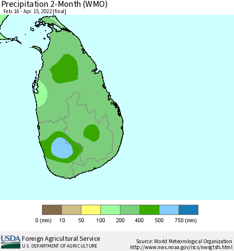 Sri Lanka Precipitation 2-Month (WMO) Thematic Map For 2/16/2022 - 4/15/2022