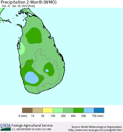 Sri Lanka Precipitation 2-Month (WMO) Thematic Map For 2/21/2022 - 4/20/2022