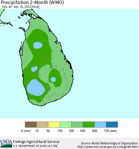 Sri Lanka Precipitation 2-Month (WMO) Thematic Map For 2/26/2022 - 4/25/2022
