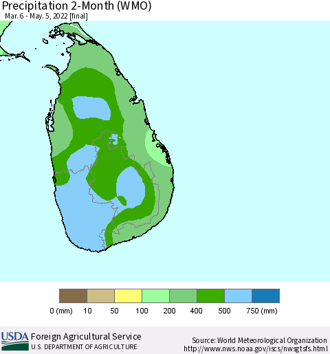 Sri Lanka Precipitation 2-Month (WMO) Thematic Map For 3/6/2022 - 5/5/2022