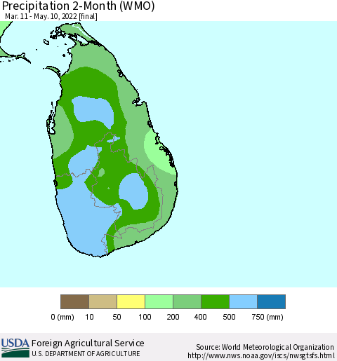 Sri Lanka Precipitation 2-Month (WMO) Thematic Map For 3/11/2022 - 5/10/2022
