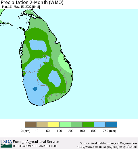 Sri Lanka Precipitation 2-Month (WMO) Thematic Map For 3/16/2022 - 5/15/2022