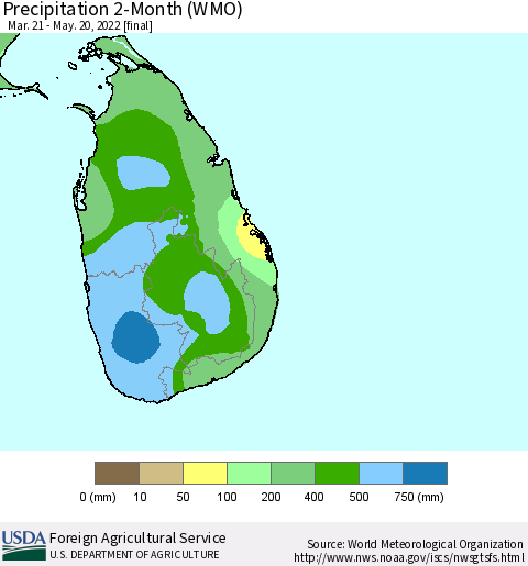 Sri Lanka Precipitation 2-Month (WMO) Thematic Map For 3/21/2022 - 5/20/2022