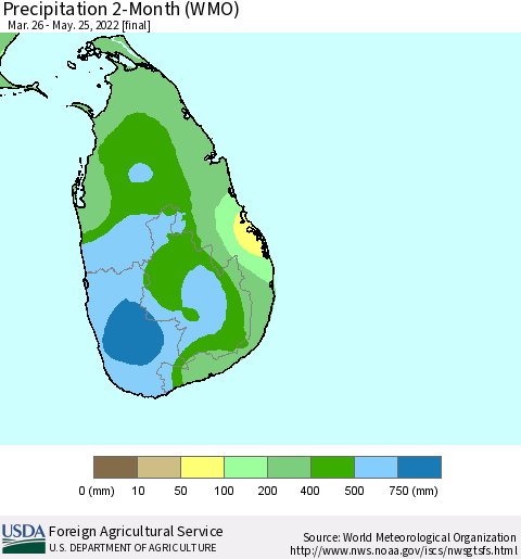 Sri Lanka Precipitation 2-Month (WMO) Thematic Map For 3/26/2022 - 5/25/2022