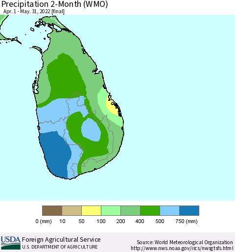 Sri Lanka Precipitation 2-Month (WMO) Thematic Map For 4/1/2022 - 5/31/2022