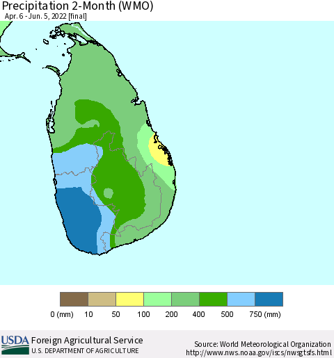 Sri Lanka Precipitation 2-Month (WMO) Thematic Map For 4/6/2022 - 6/5/2022