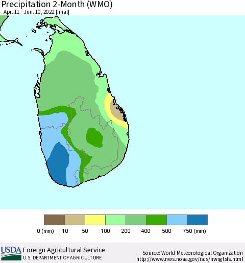 Sri Lanka Precipitation 2-Month (WMO) Thematic Map For 4/11/2022 - 6/10/2022