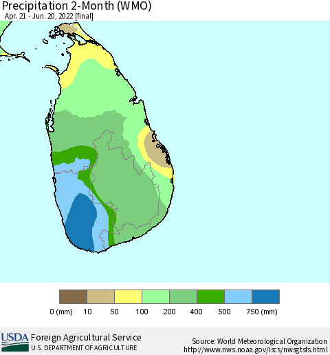 Sri Lanka Precipitation 2-Month (WMO) Thematic Map For 4/21/2022 - 6/20/2022