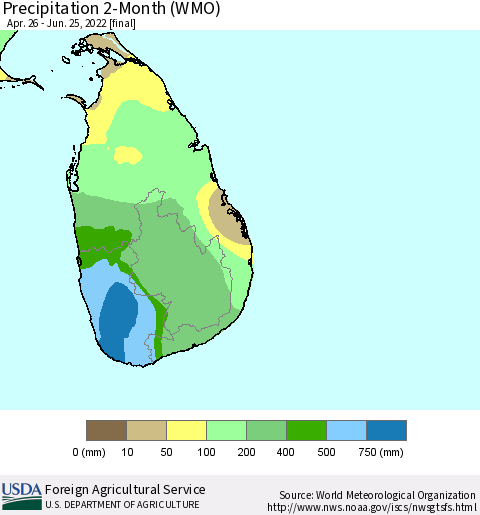 Sri Lanka Precipitation 2-Month (WMO) Thematic Map For 4/26/2022 - 6/25/2022