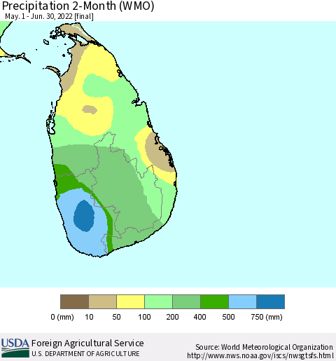 Sri Lanka Precipitation 2-Month (WMO) Thematic Map For 5/1/2022 - 6/30/2022