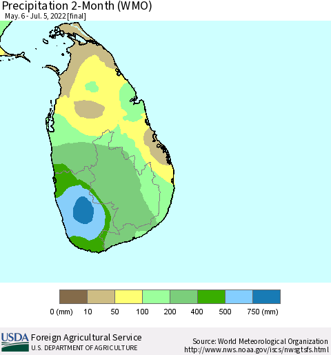 Sri Lanka Precipitation 2-Month (WMO) Thematic Map For 5/6/2022 - 7/5/2022