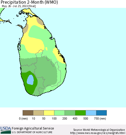 Sri Lanka Precipitation 2-Month (WMO) Thematic Map For 5/26/2022 - 7/25/2022
