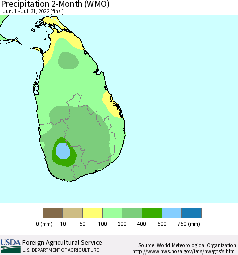 Sri Lanka Precipitation 2-Month (WMO) Thematic Map For 6/1/2022 - 7/31/2022